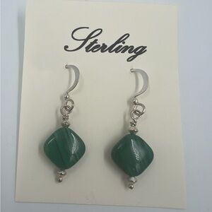 Natural Malachite Square Sterling Silver Dangle Earrings